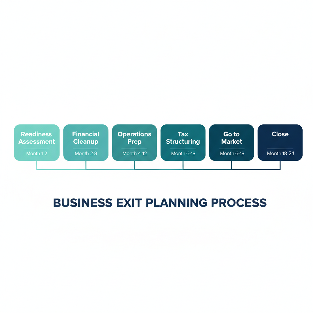 Business Exit Planning Process Timeline - 6 phases over 24 months