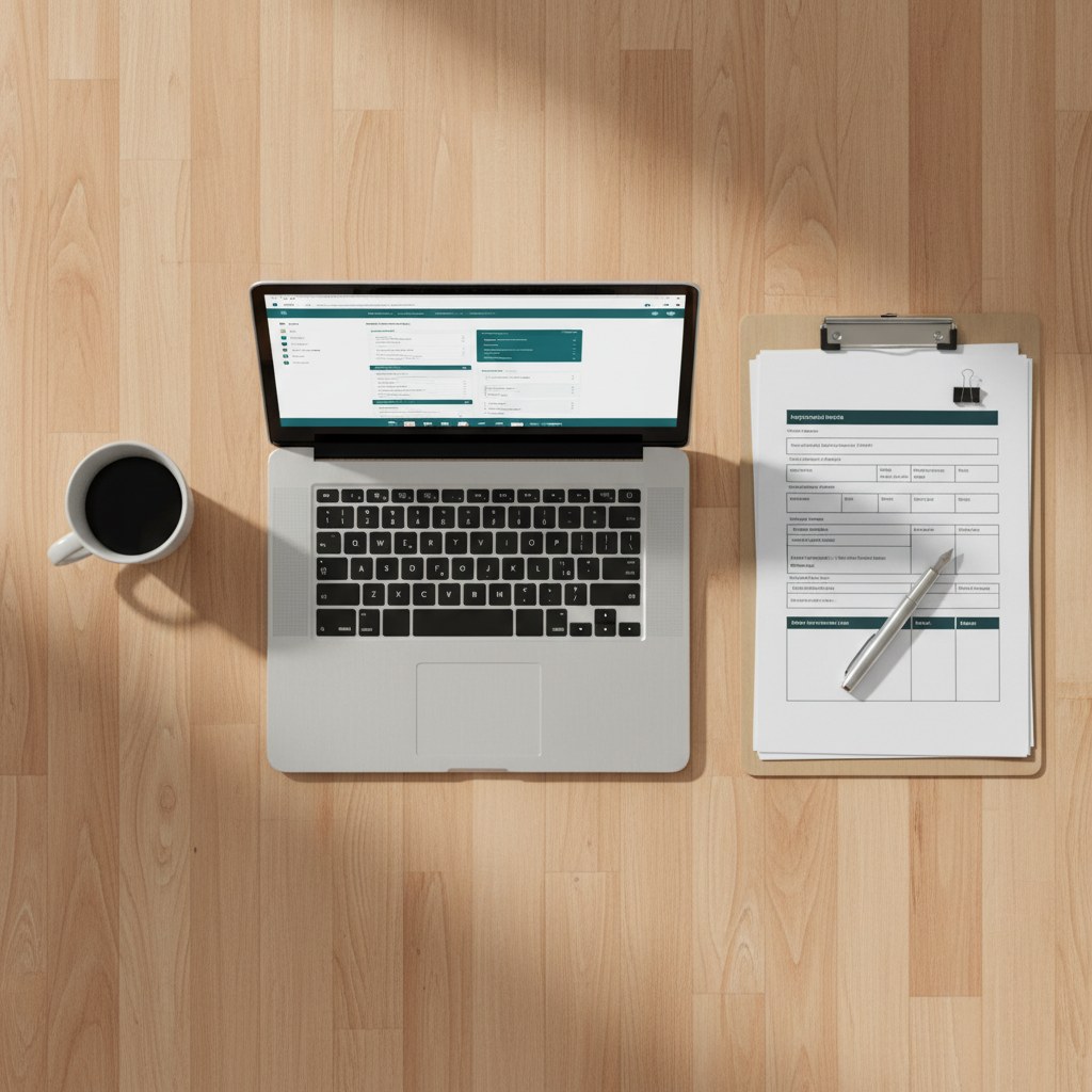 Overhead view of import paperwork, a laptop, and a checklist on a wooden desk, representing the record-keeping work behind a BSF900 filing
