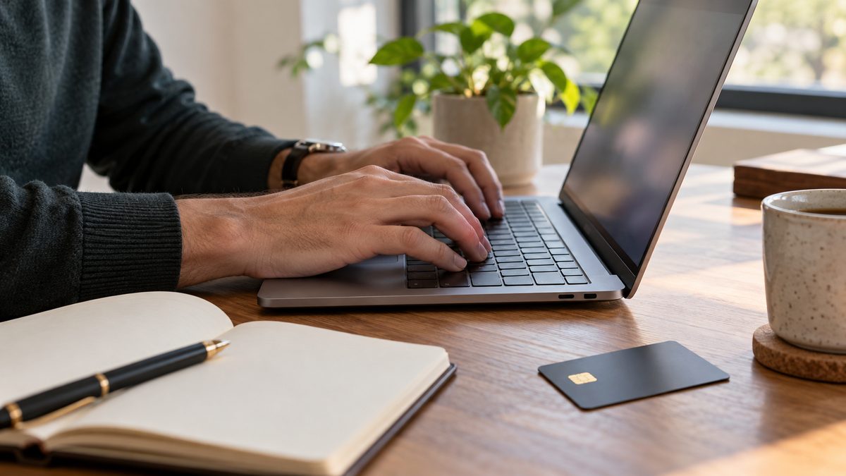 Business owner completing the online sign-up for a CBSA records custodian, with a payment card beside the laptop