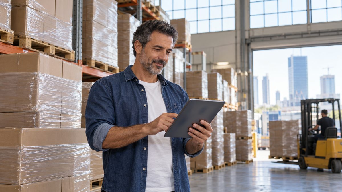 Wholesale business owner reviewing the annual cost of a CBSA records custodian in his warehouse