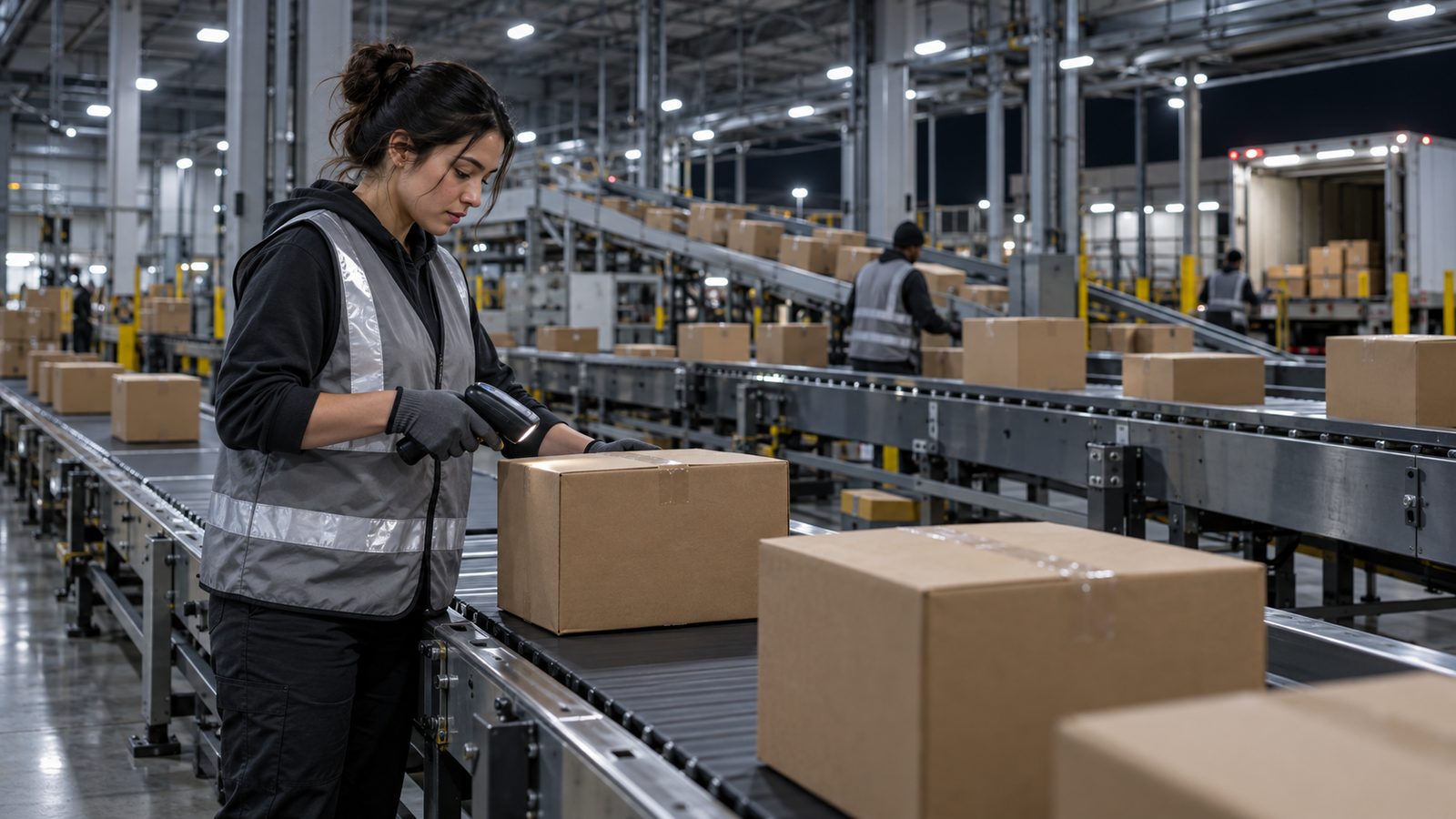 Parcels on conveyor belts at a Canadian courier sorting hub, where FedEx and UPS clear shipments under CARM