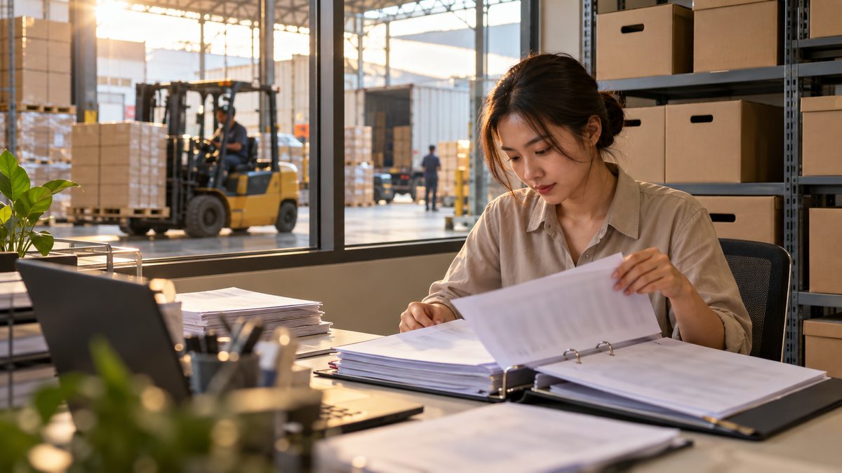 Wholesaler reviewing import paperwork in a warehouse office outside Canada, where a non-resident importer keeps its books and records