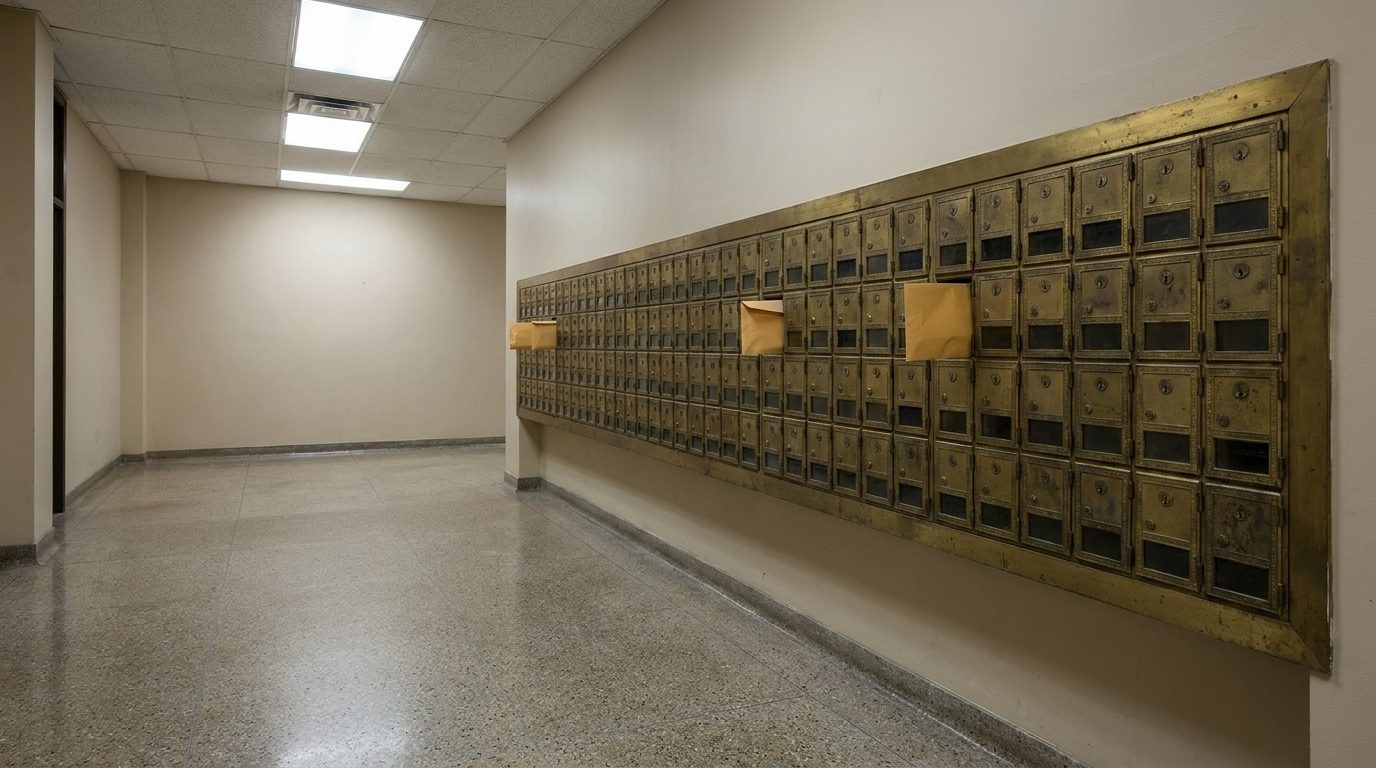 Wall of mailboxes in a US office lobby, the kind of address that cannot hold a US LLC importer's CBSA records