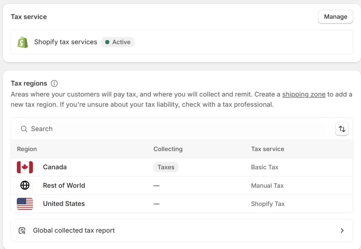 Shopify tax regions screen showing Canada collecting tax on the Basic Tax service