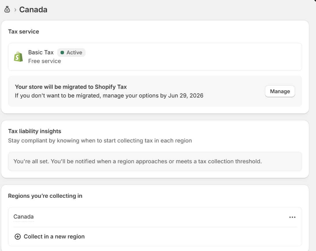 Shopify notice warning the store will be migrated to Shopify Tax with a manage-by deadline
