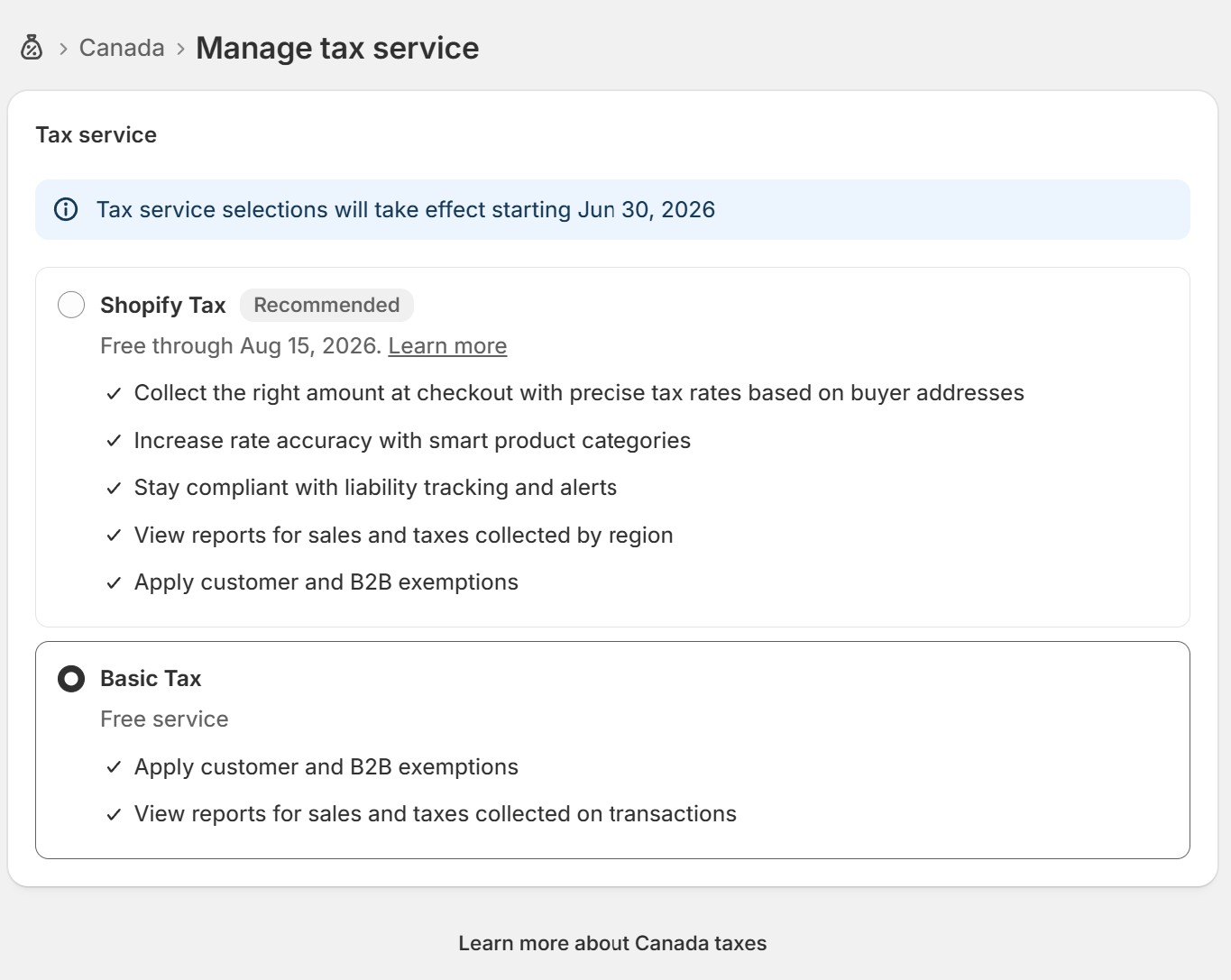 Shopify Manage tax service screen for Canada showing Shopify Tax and the free Basic Tax option