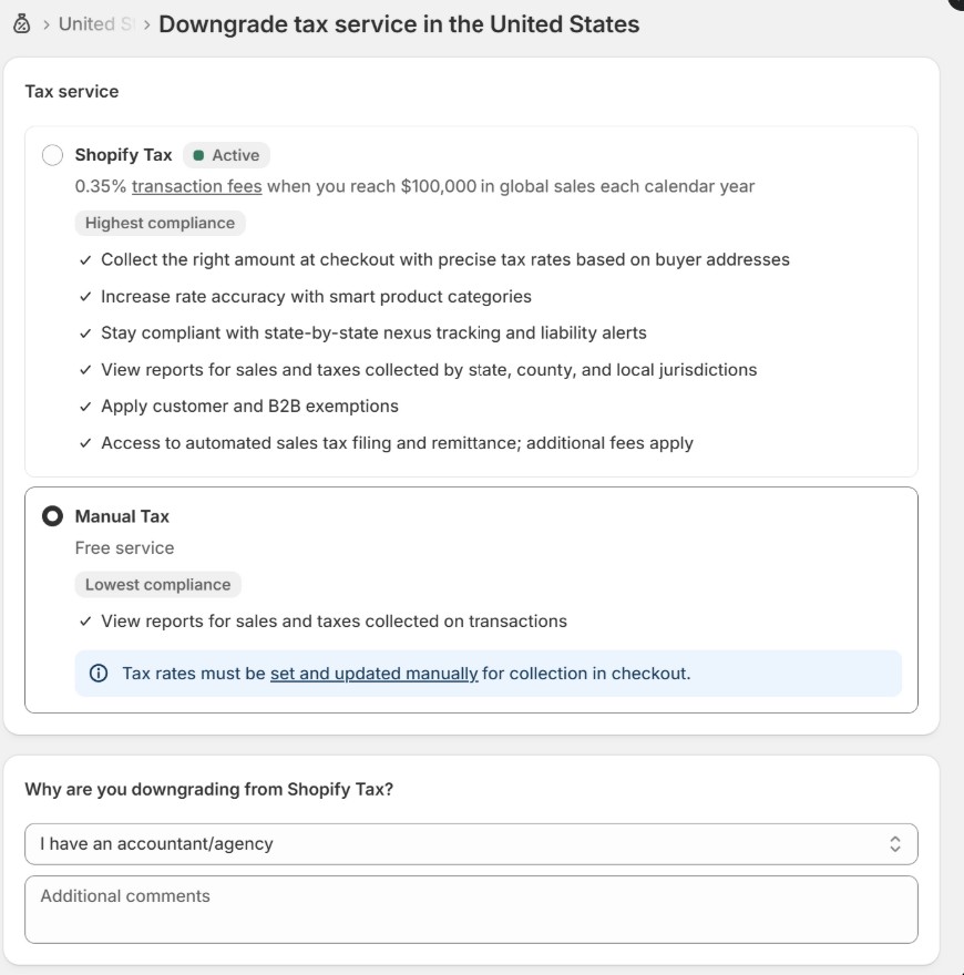 Shopify downgrade screen for the United States showing Shopify Tax versus the free Manual Tax option